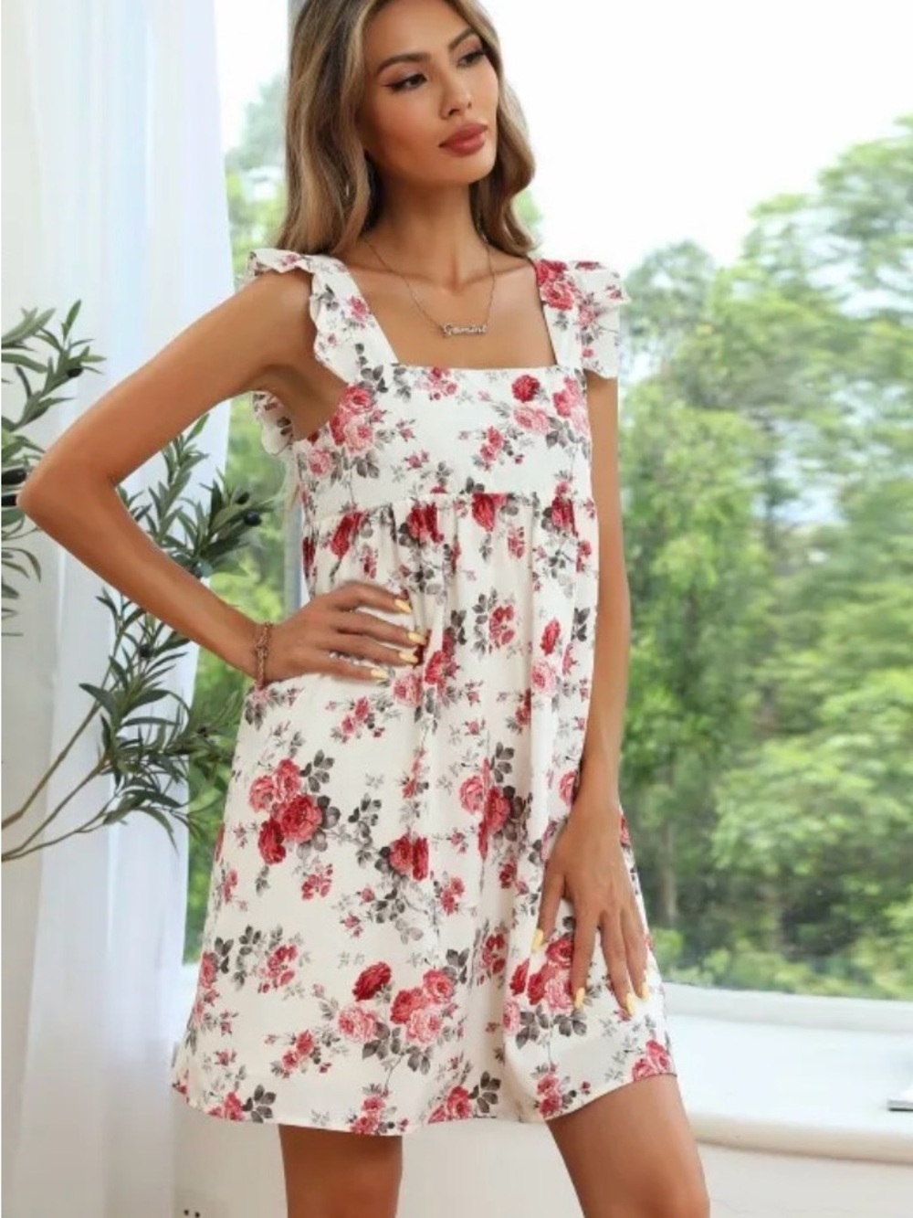 C+D+M Square-Neck Ruffle Strap Mini Dress in White and Red Floral